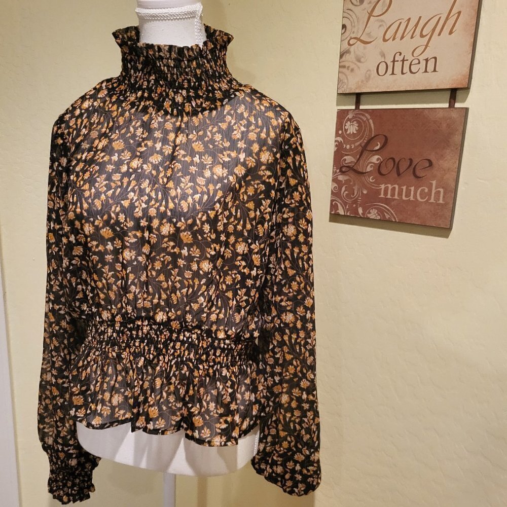 Mira Shirred Blouse MINKPINK sheer Black/Brown high collared Blouse Sz: L NWT - Picture 8 of 11